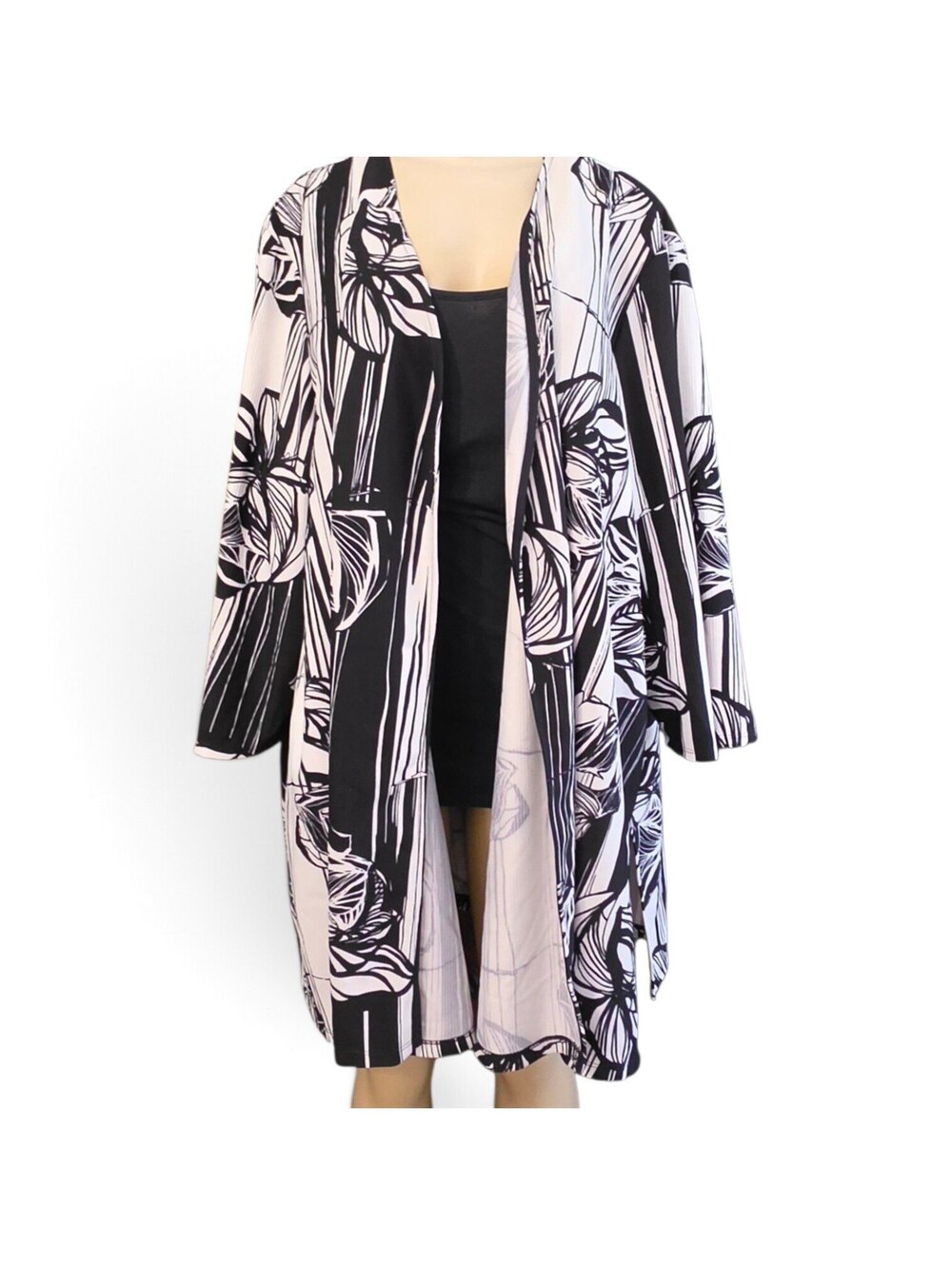 Travel Elements Black White Floral Open Front Duster Cardigan 2X Made in USA